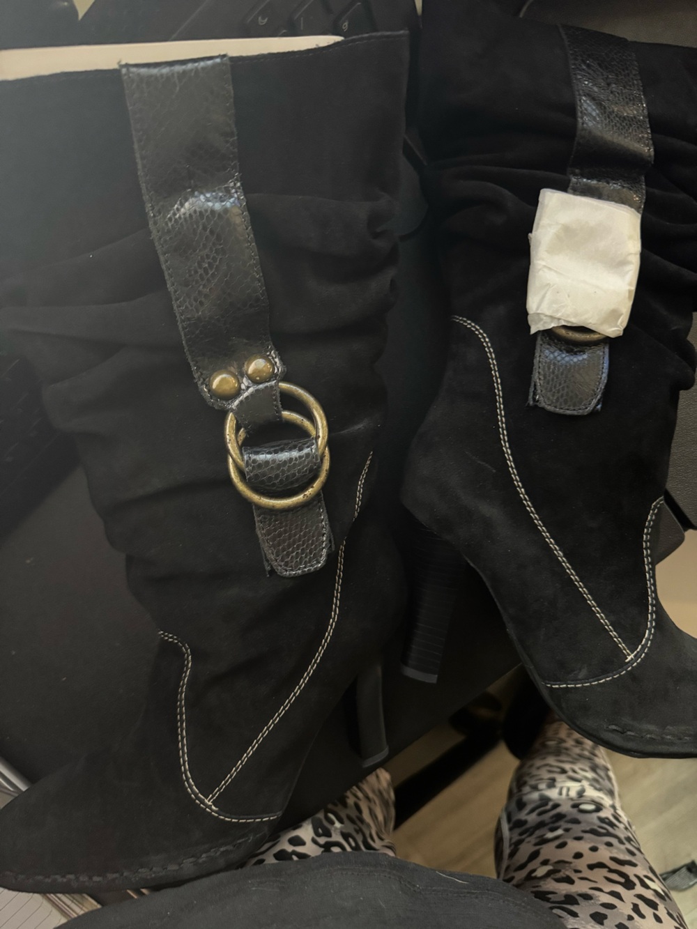 Hot in Hollywood Black Suede Mid-Calf Heeled Boots with Brass Double Rings